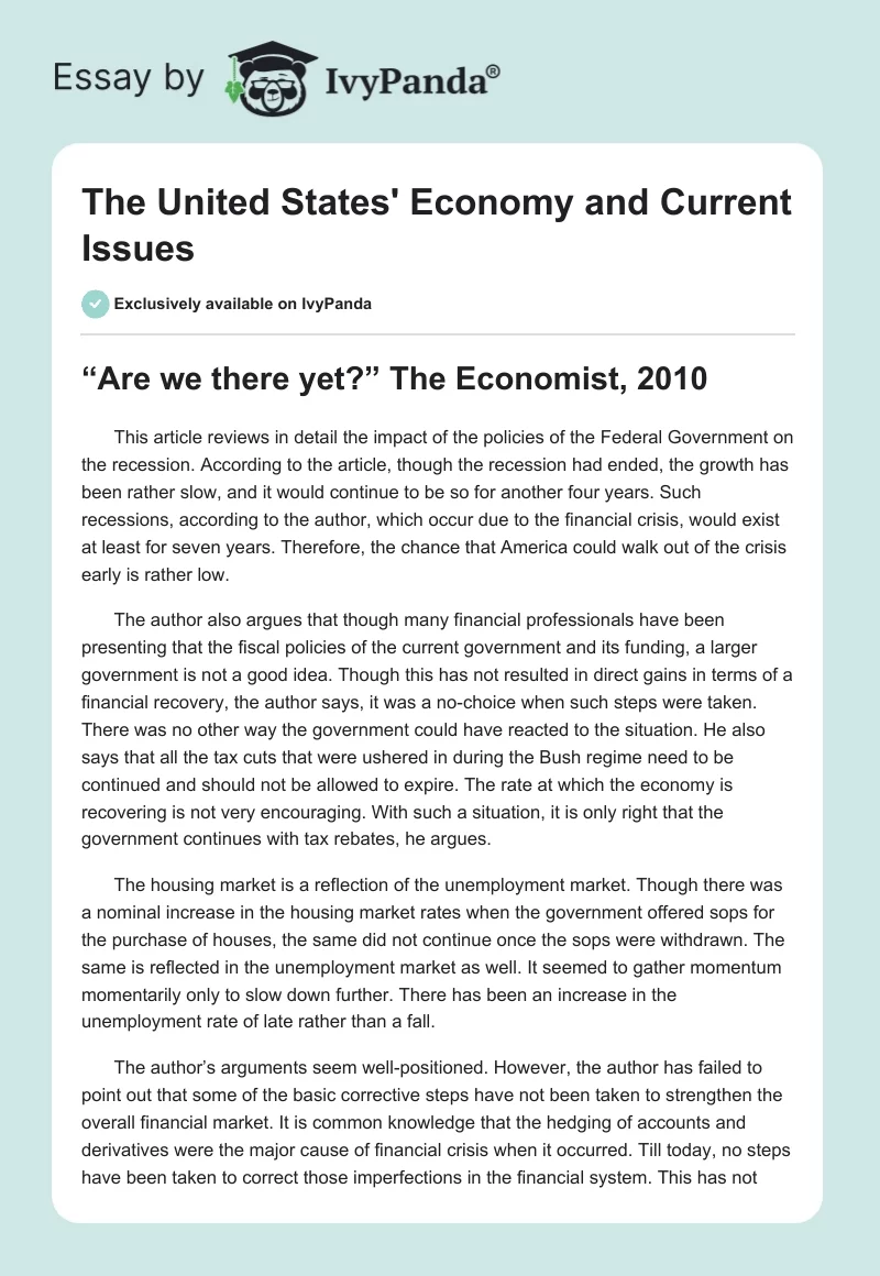 The United States' Economy and Current Issues. Page 1