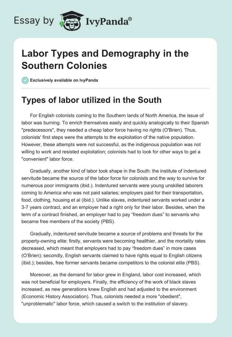 Labor Types and Demography in the Southern Colonies. Page 1