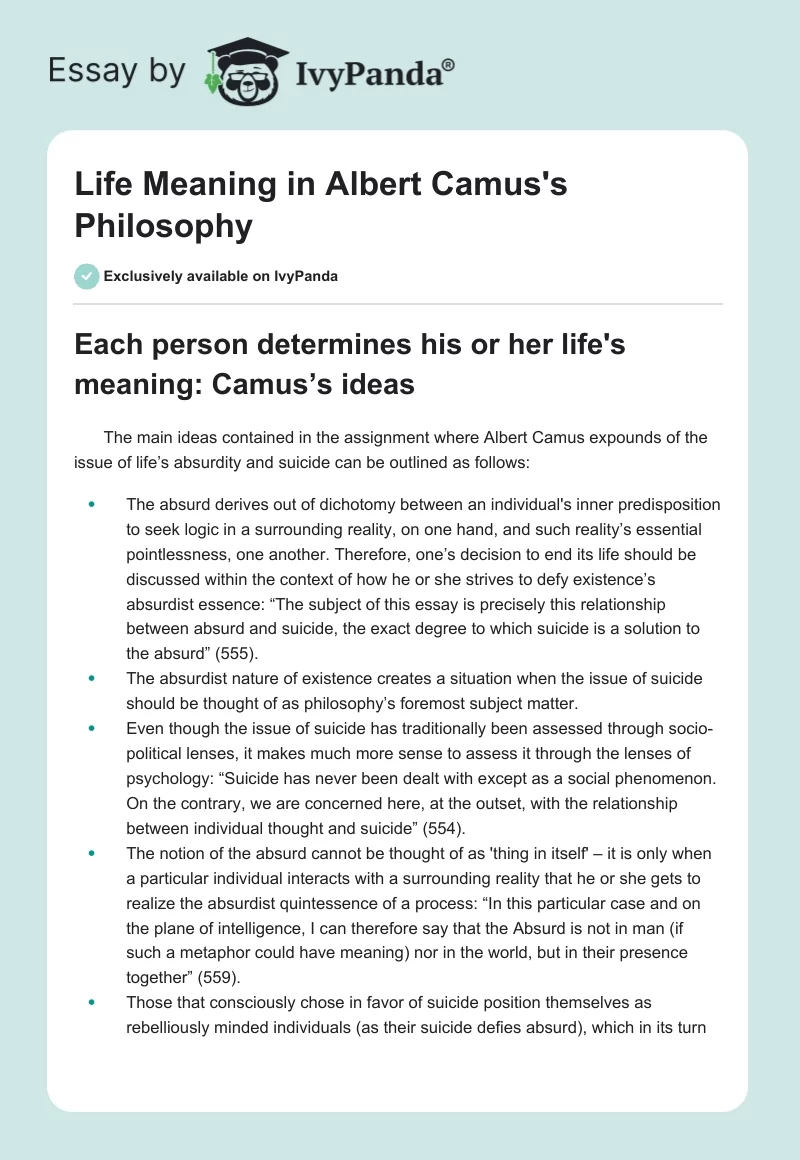 Life Meaning in Albert Camus's Philosophy. Page 1