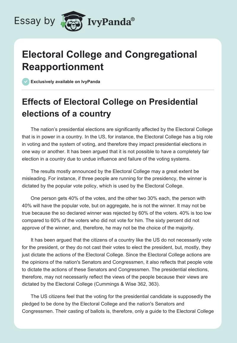 Electoral College and Congregational Reapportionment. Page 1