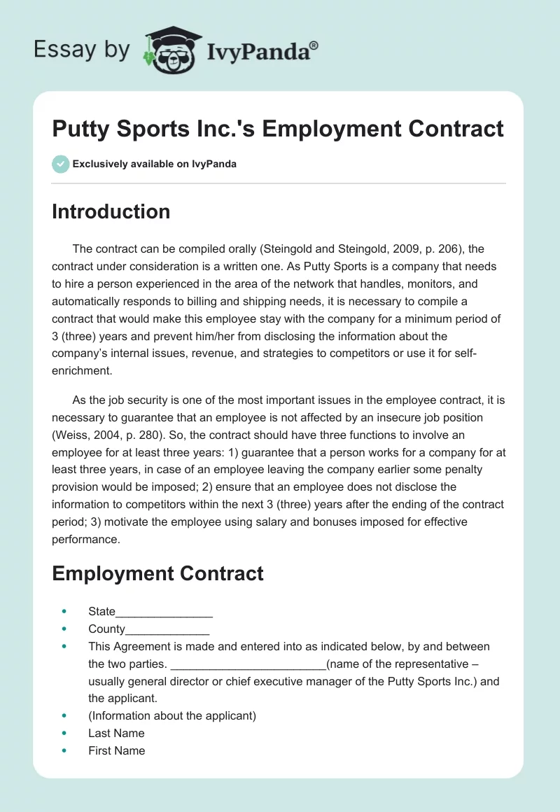 Putty Sports Inc.'s Employment Contract. Page 1