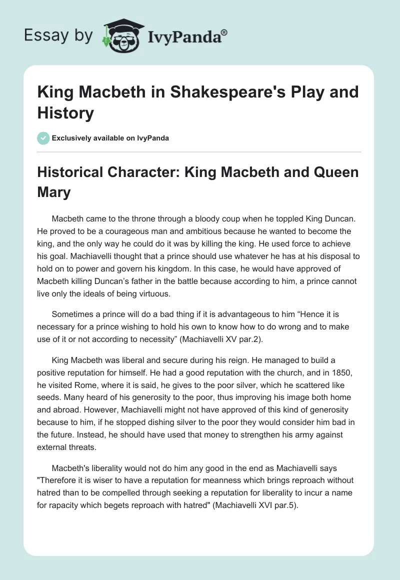 King Macbeth in Shakespeare's Play and History. Page 1