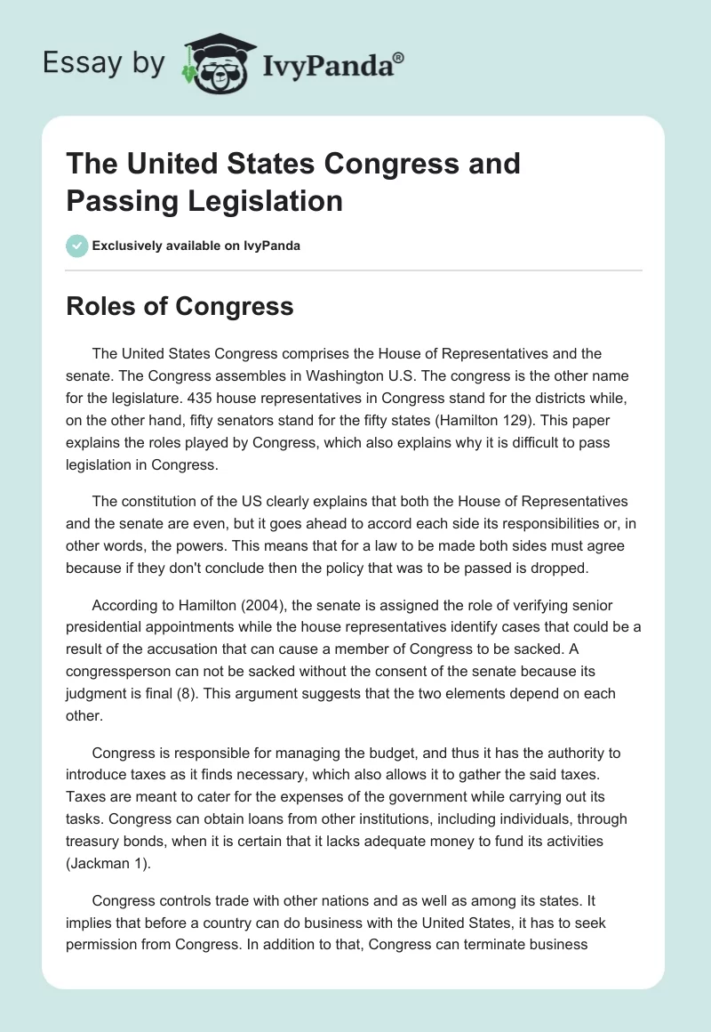 The United States Congress and Passing Legislation. Page 1