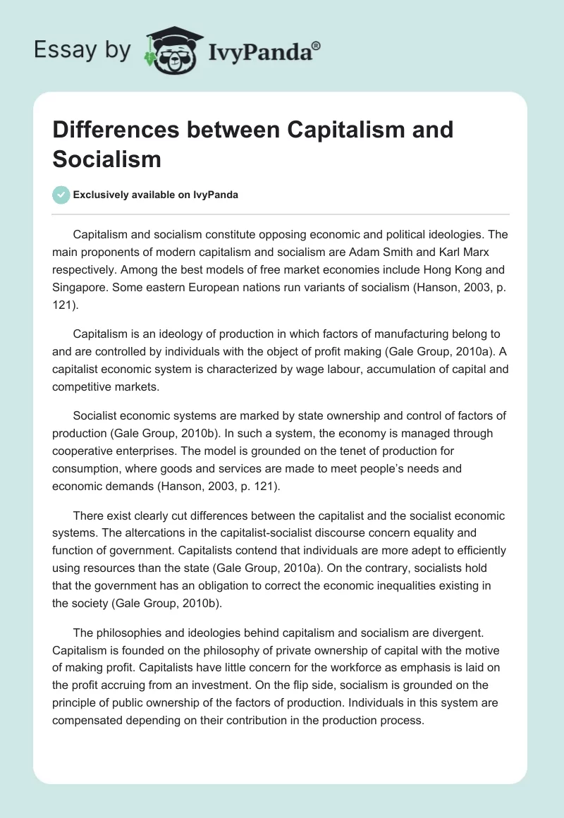 Differences Between Capitalism and Socialism. Page 1