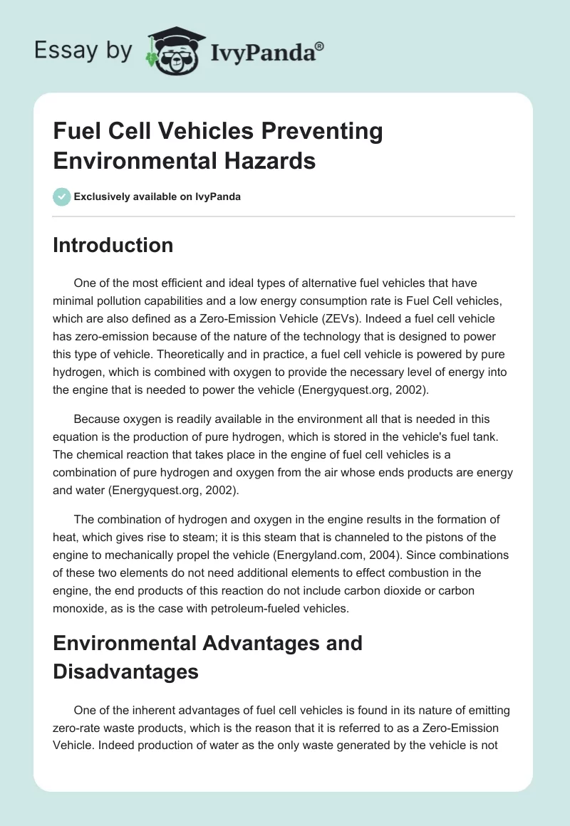 Fuel Cell Vehicles Preventing Environmental Hazards. Page 1