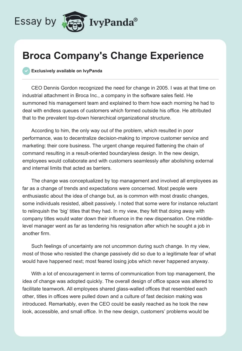 Broca Company's Change Experience. Page 1