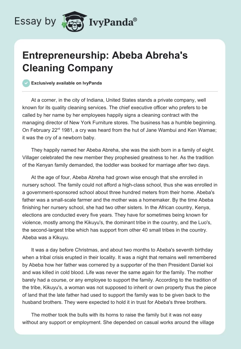 Entrepreneurship: Abeba Abreha's Cleaning Company. Page 1