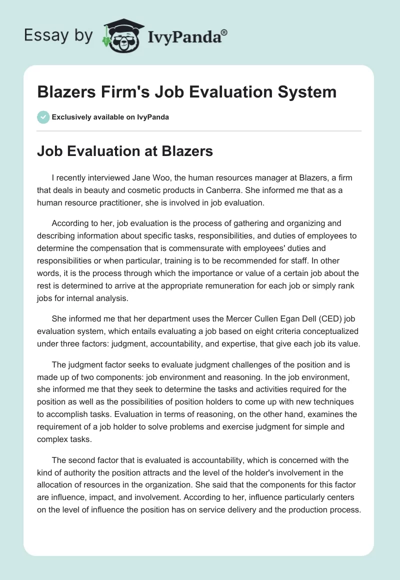 Blazers Firm's Job Evaluation System. Page 1