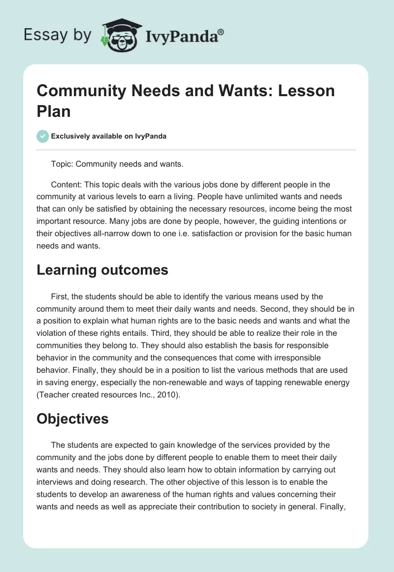 Community Needs and Wants: Lesson Plan. Page 1