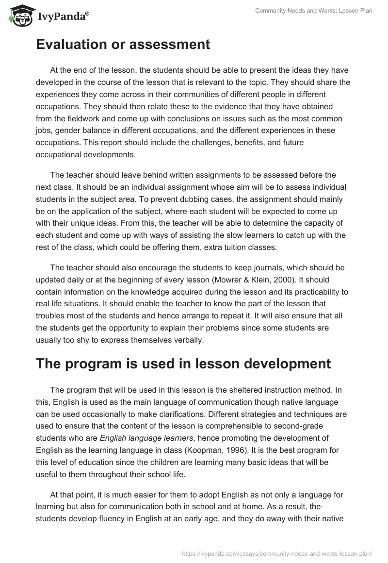 Community Needs and Wants: Lesson Plan. Page 3