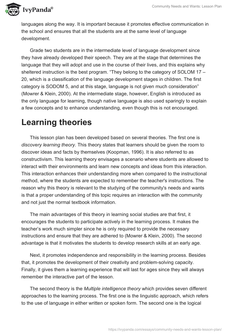 Community Needs and Wants: Lesson Plan. Page 4