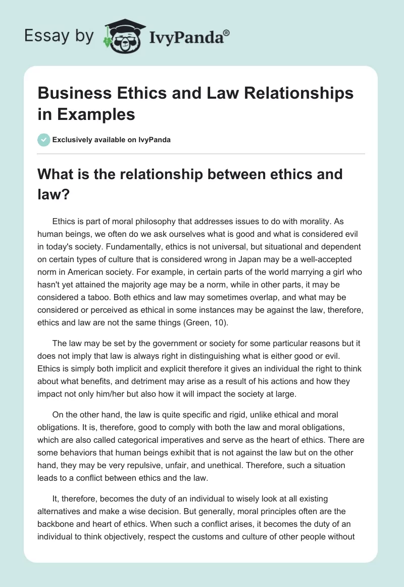 Business Ethics and Law Relationships in Examples. Page 1