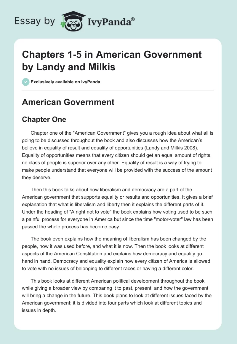 Chapters 1-5 in "American Government" by Landy and Milkis. Page 1