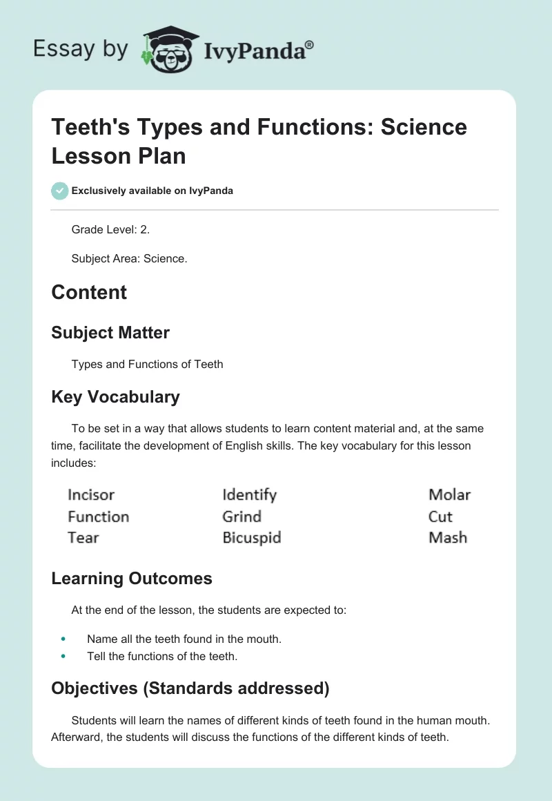 Teeth’s Types and Functions: Science Lesson Plan. Page 1