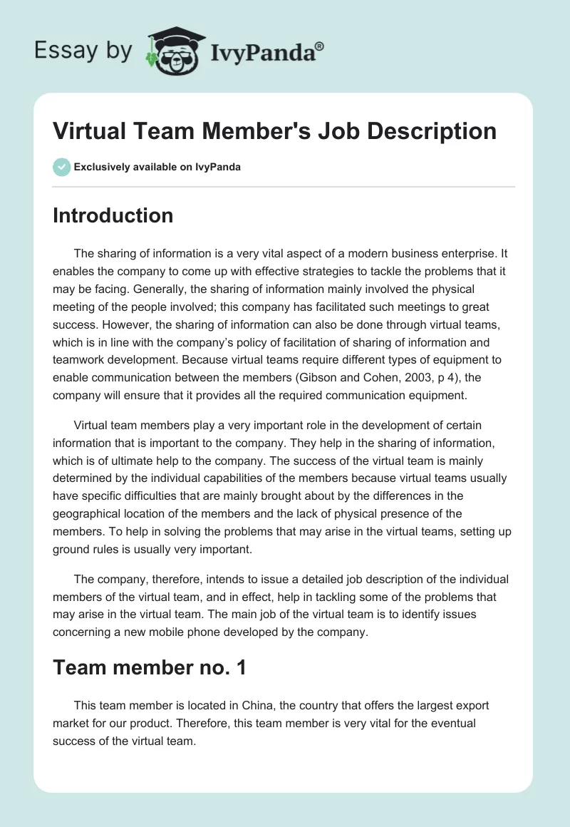 Virtual Team Member's Job Description. Page 1