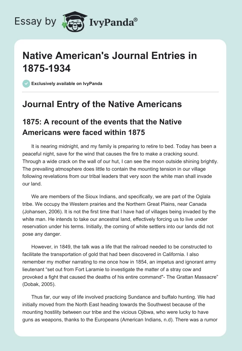Native American's Journal Entries in 1875-1934. Page 1