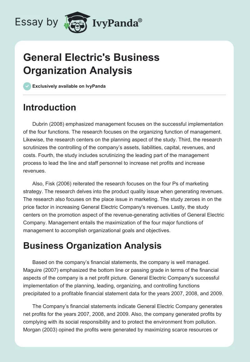 General Electric's Business Organization Analysis. Page 1