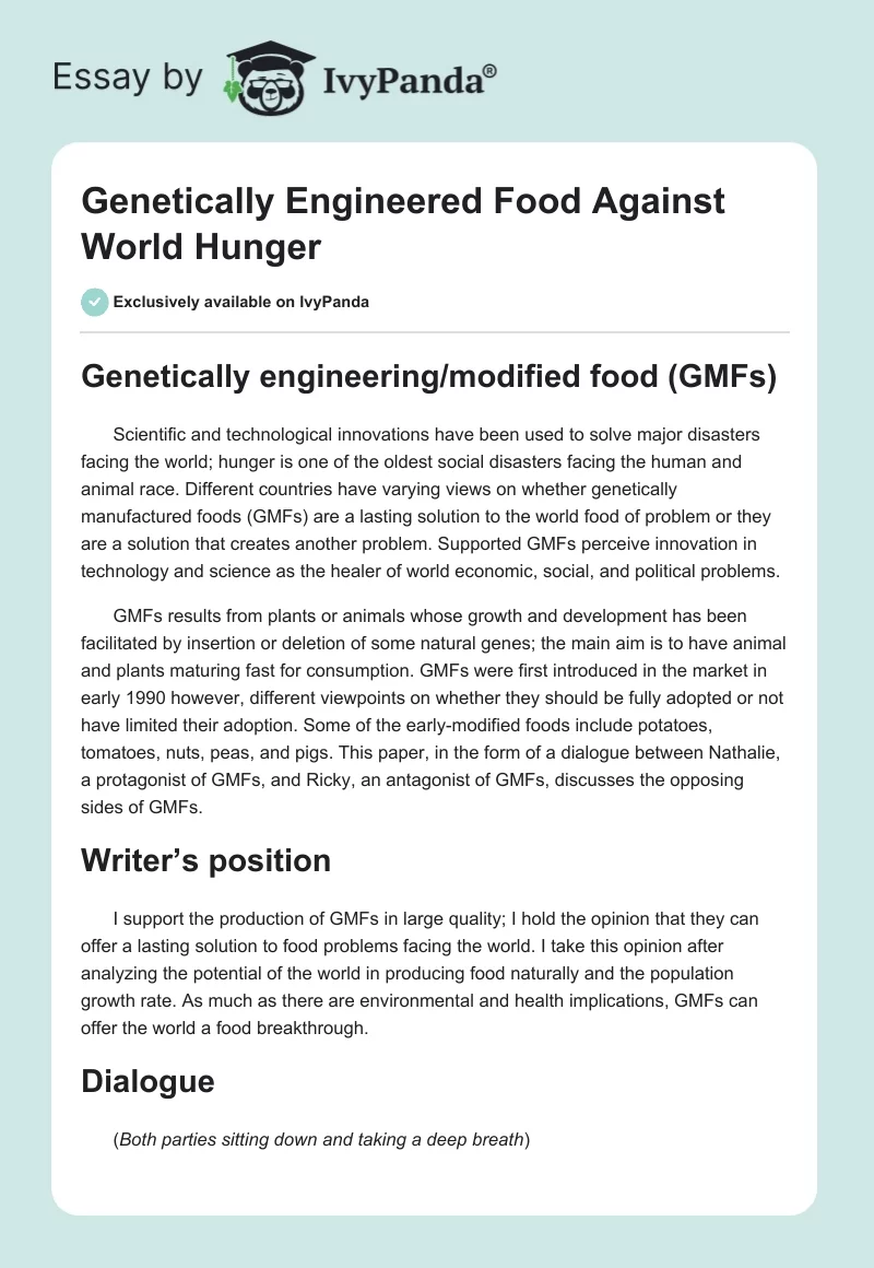 Genetically Engineered Food Against World Hunger. Page 1