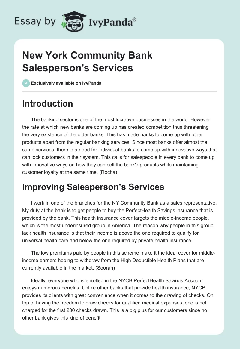 New York Community Bank Salesperson's Services. Page 1