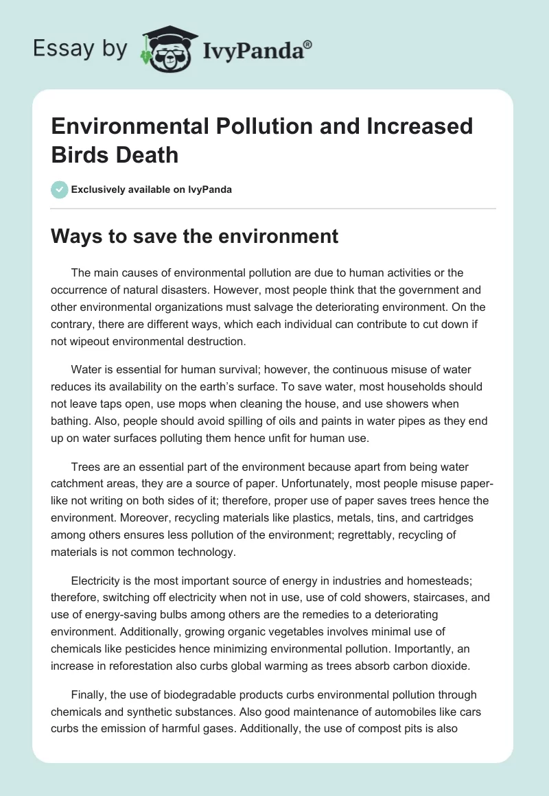 Environmental Pollution and Increased Birds Death. Page 1