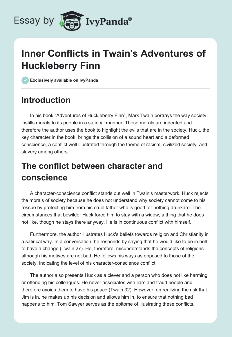 Inner Conflicts in Twain's "Adventures of Huckleberry Finn". Page 1