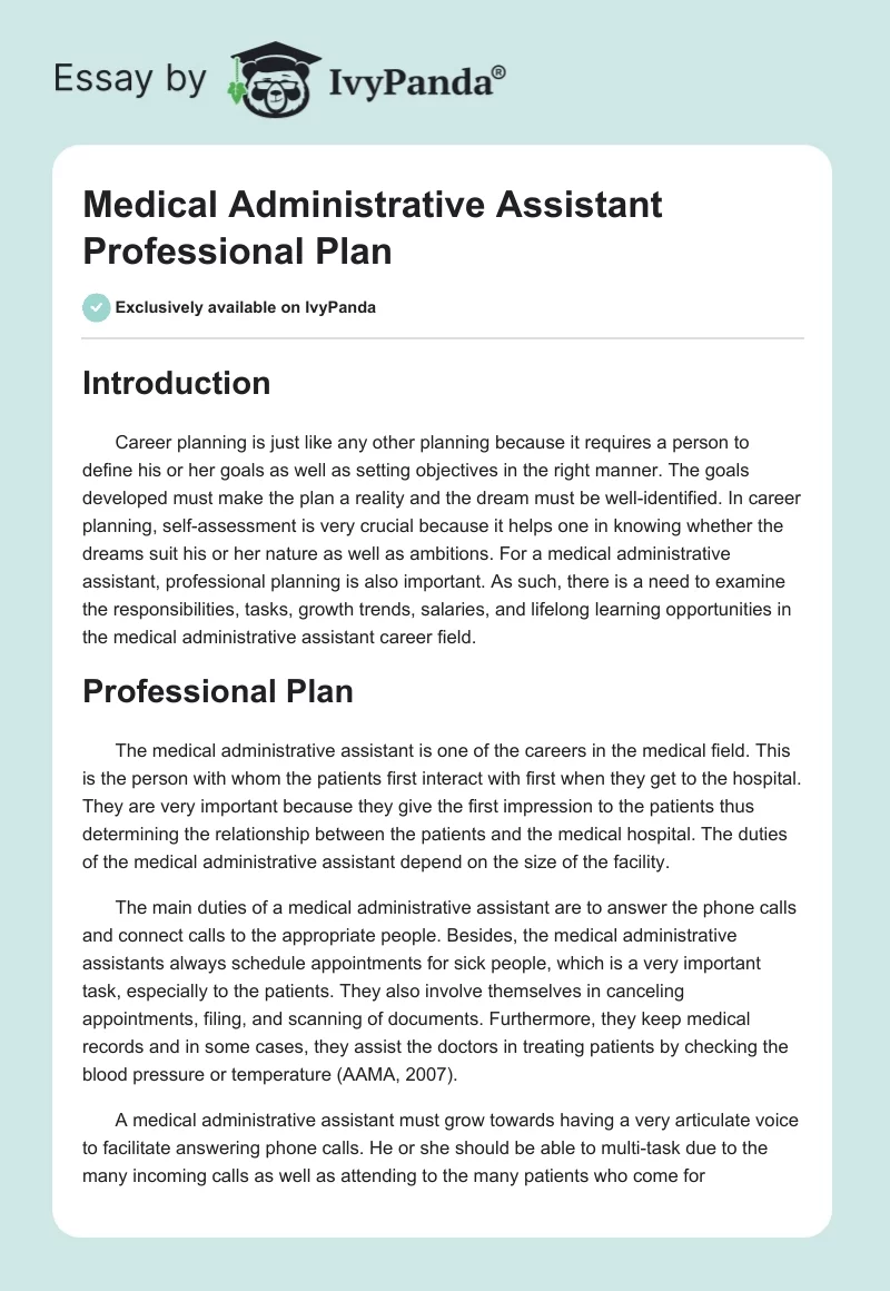 Medical Administrative Assistant Professional Plan. Page 1
