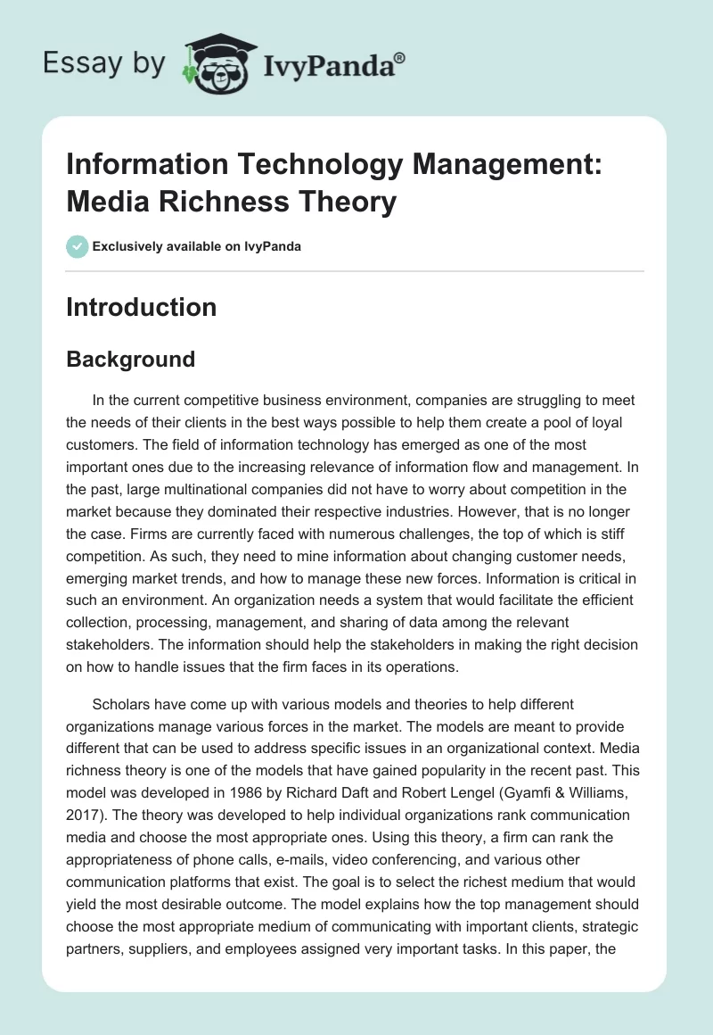 Information Technology Management: Media Richness Theory. Page 1