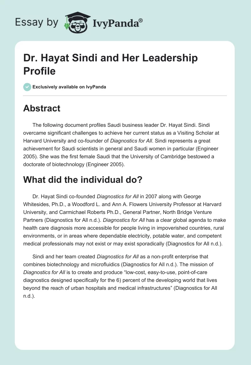 Dr. Hayat Sindi and Her Leadership Profile. Page 1