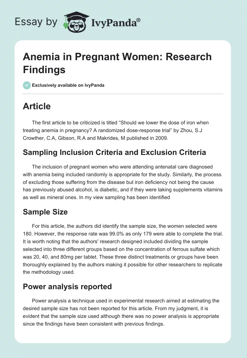 Anemia in Pregnant Women: Research Findings. Page 1