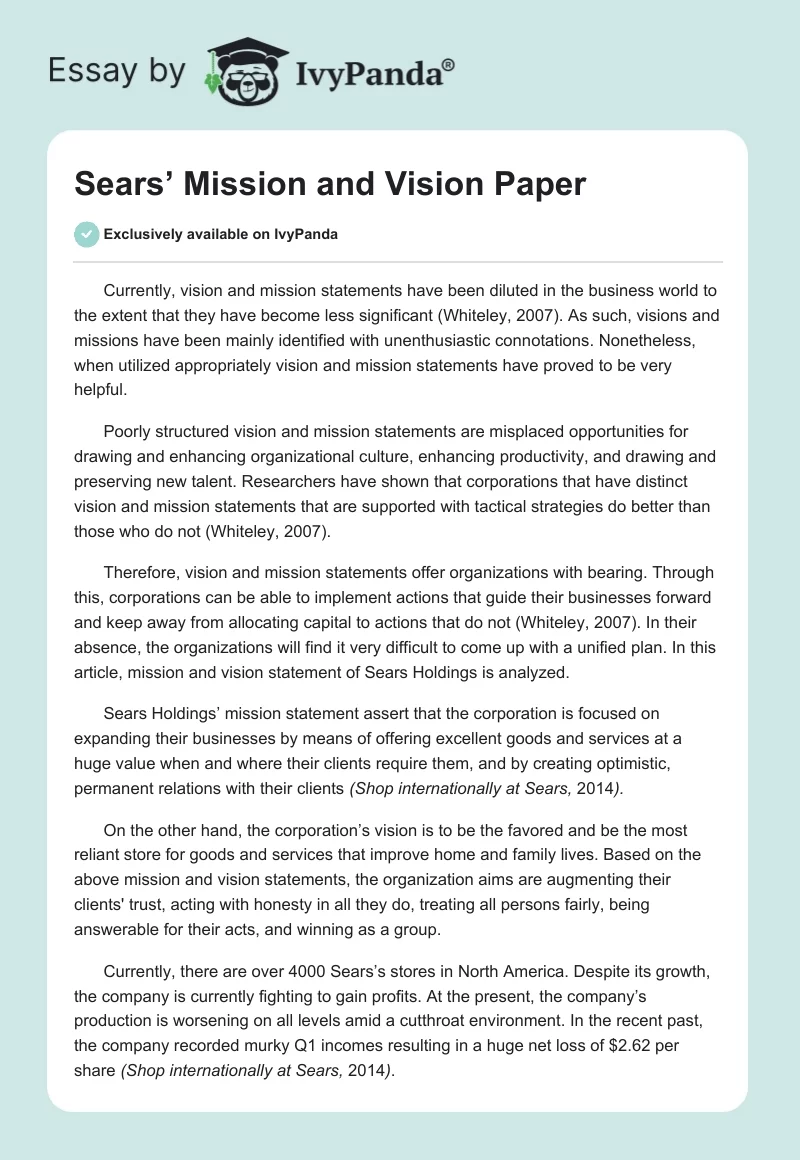 Sears’ Mission and Vision Paper. Page 1