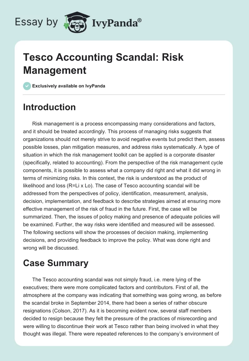 Tesco Accounting Scandal: Risk Management. Page 1