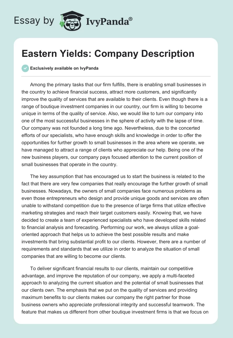 Eastern Yields: Company Description. Page 1