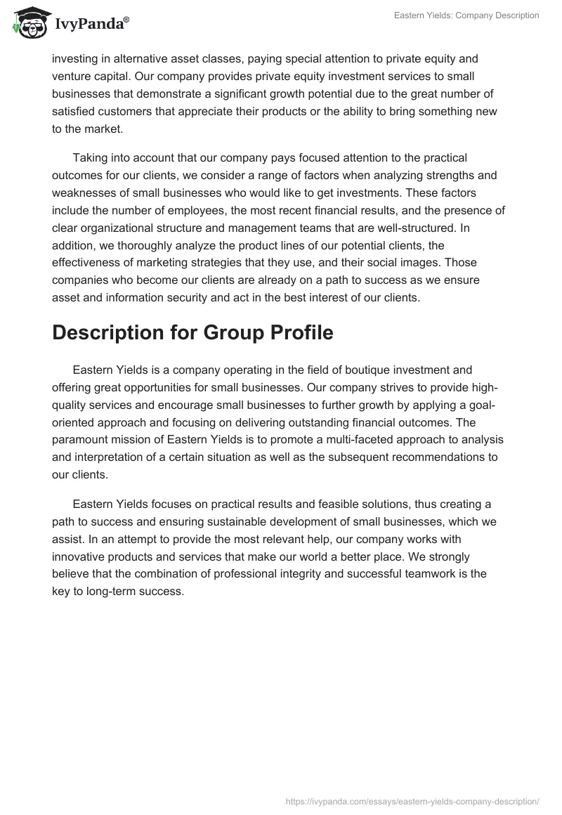 Eastern Yields: Company Description. Page 2