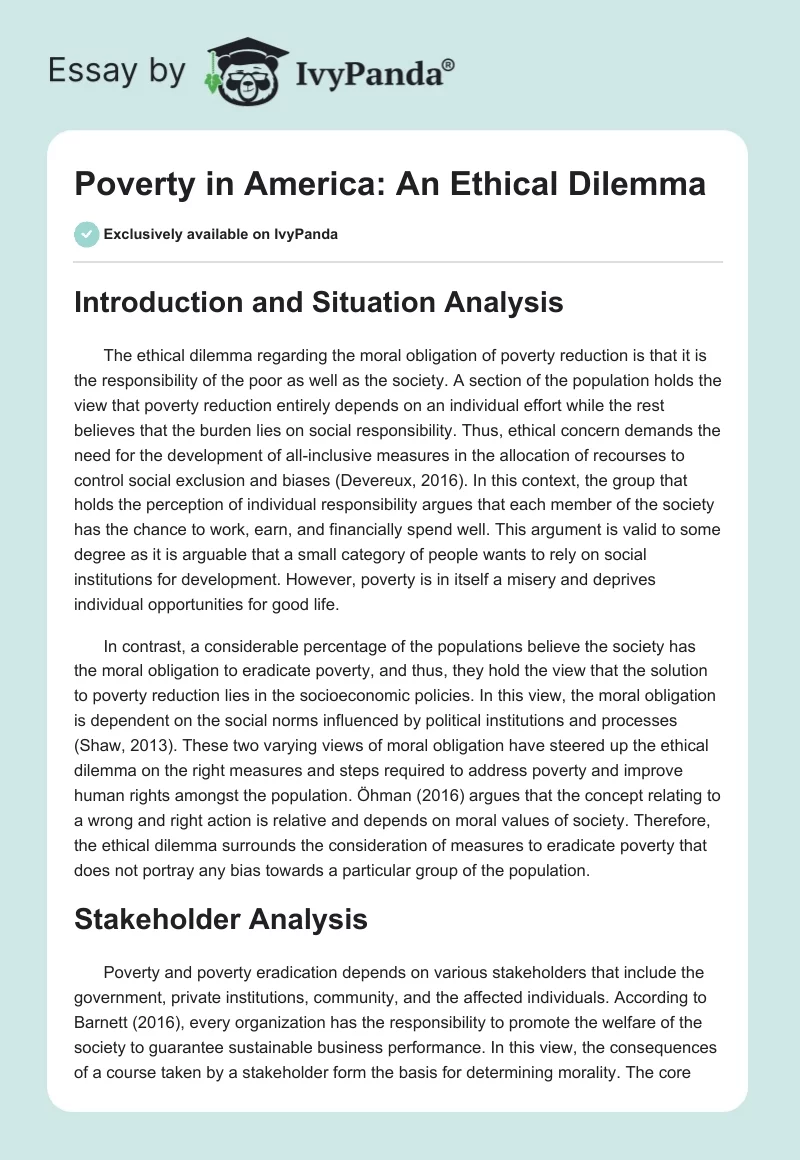 Poverty in America: An Ethical Dilemma. Page 1
