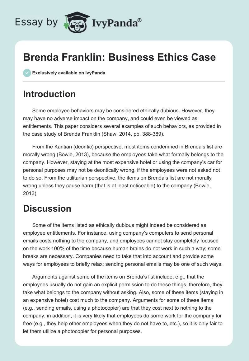 Brenda Franklin: Business Ethics Case. Page 1