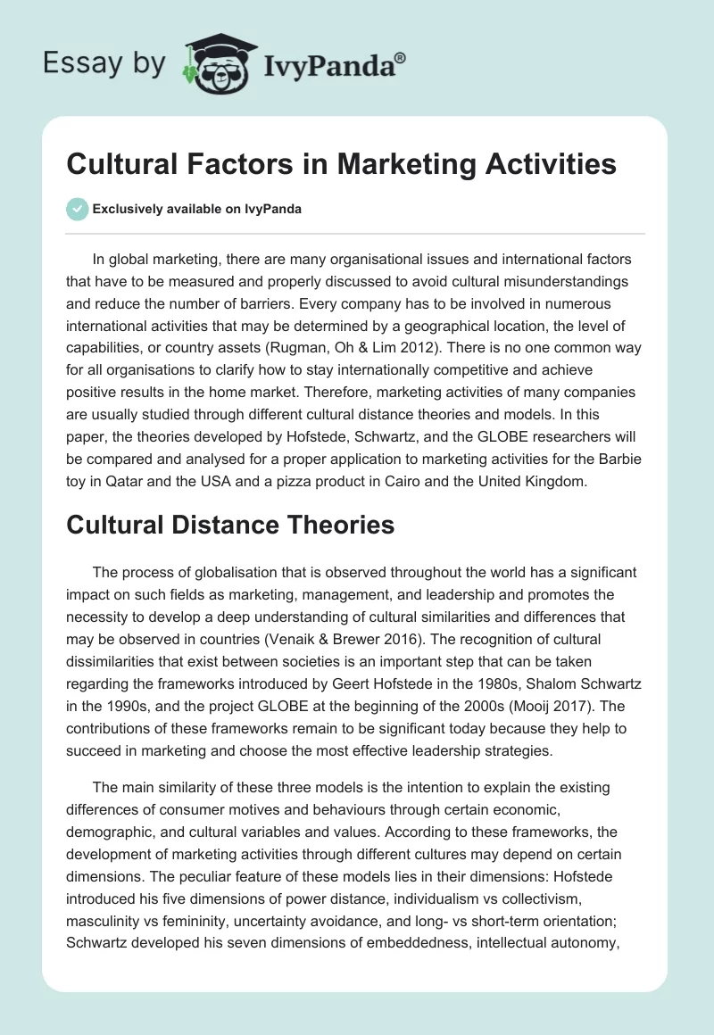 Cultural Factors in Marketing Activities. Page 1