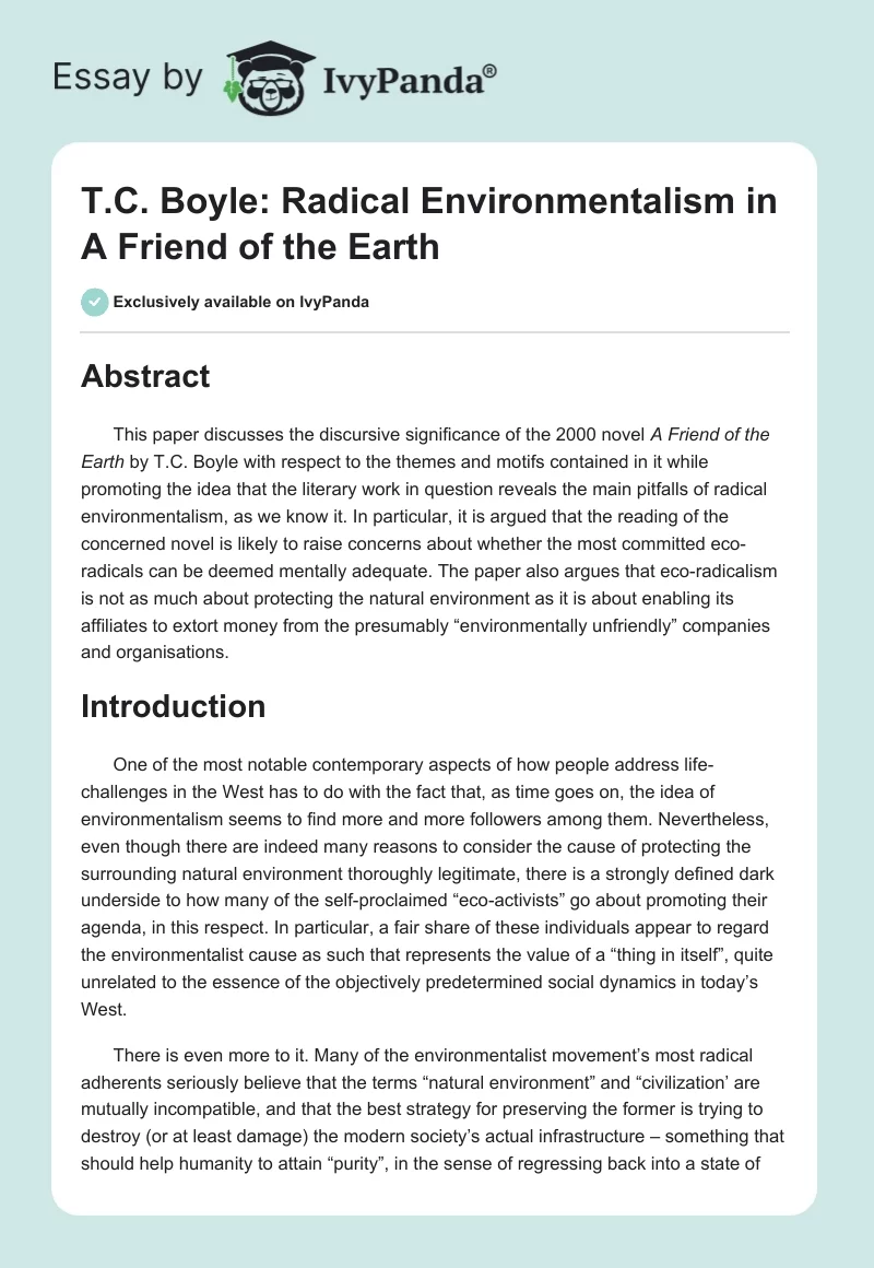 T.C. Boyle: Radical Environmentalism in "A Friend of the Earth". Page 1