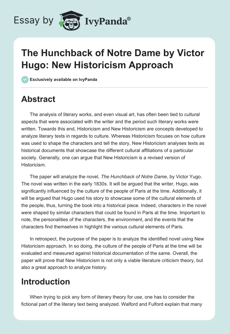 "The Hunchback of Notre Dame" by Victor Hugo: New Historicism Approach. Page 1
