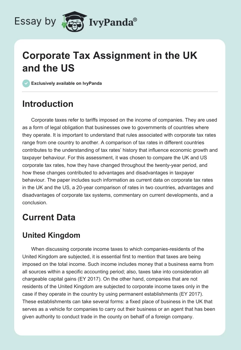Corporate Tax Assignment in the UK and the US. Page 1