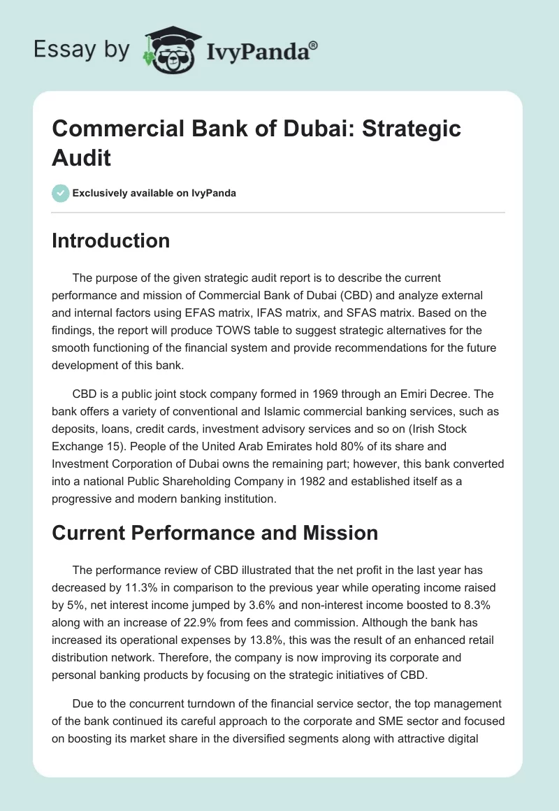 Commercial Bank of Dubai: Strategic Audit. Page 1
