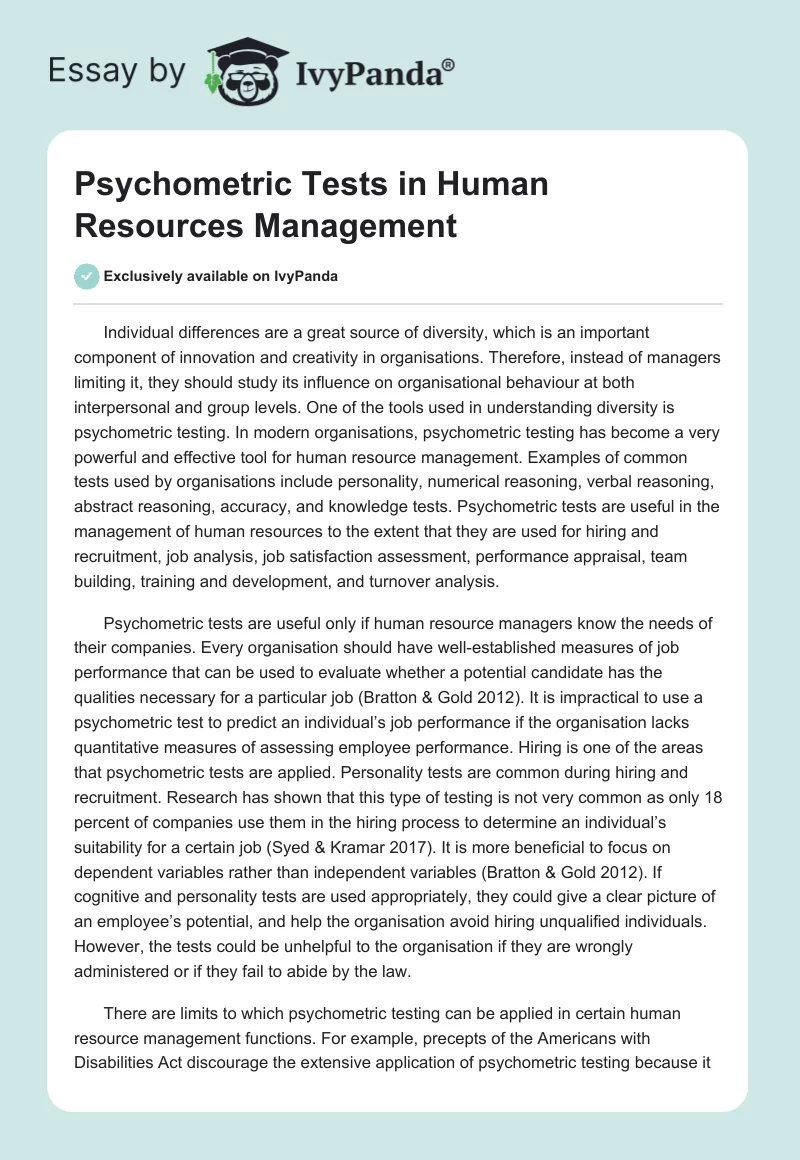 Psychometric Tests in Human Resources Management. Page 1