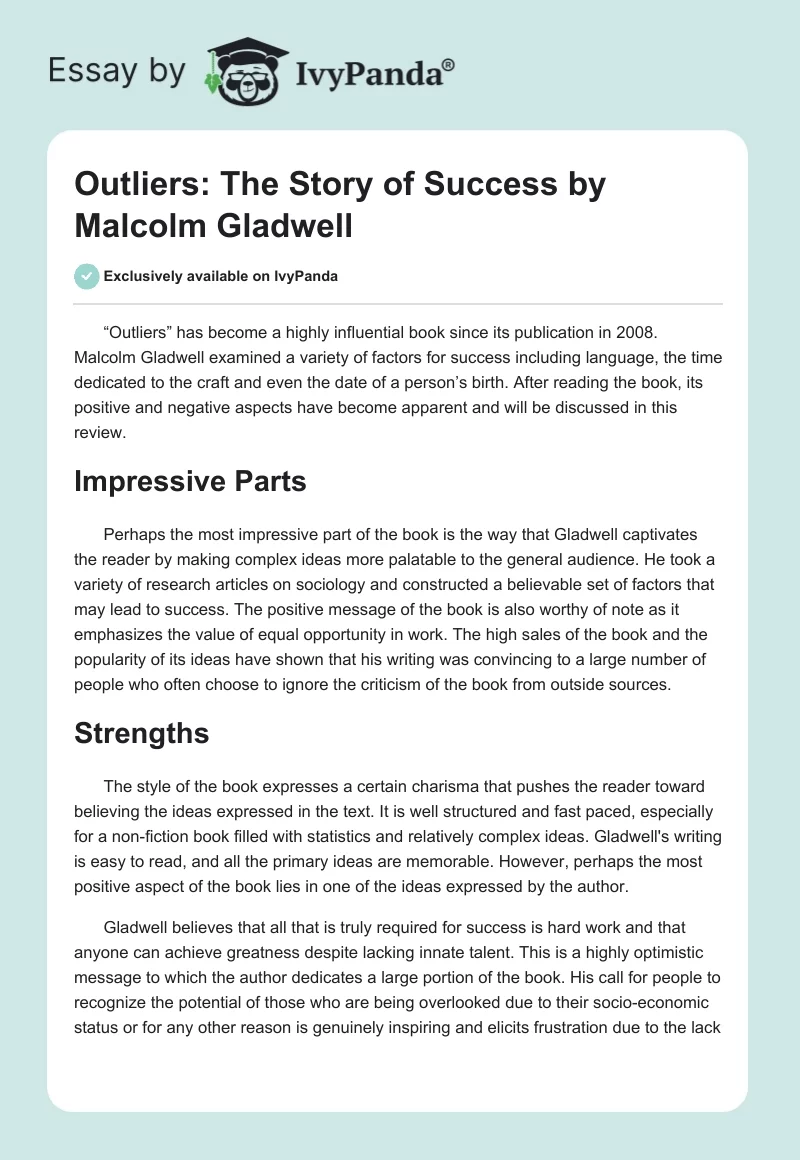 "Outliers: The Story of Success" by Malcolm Gladwell. Page 1