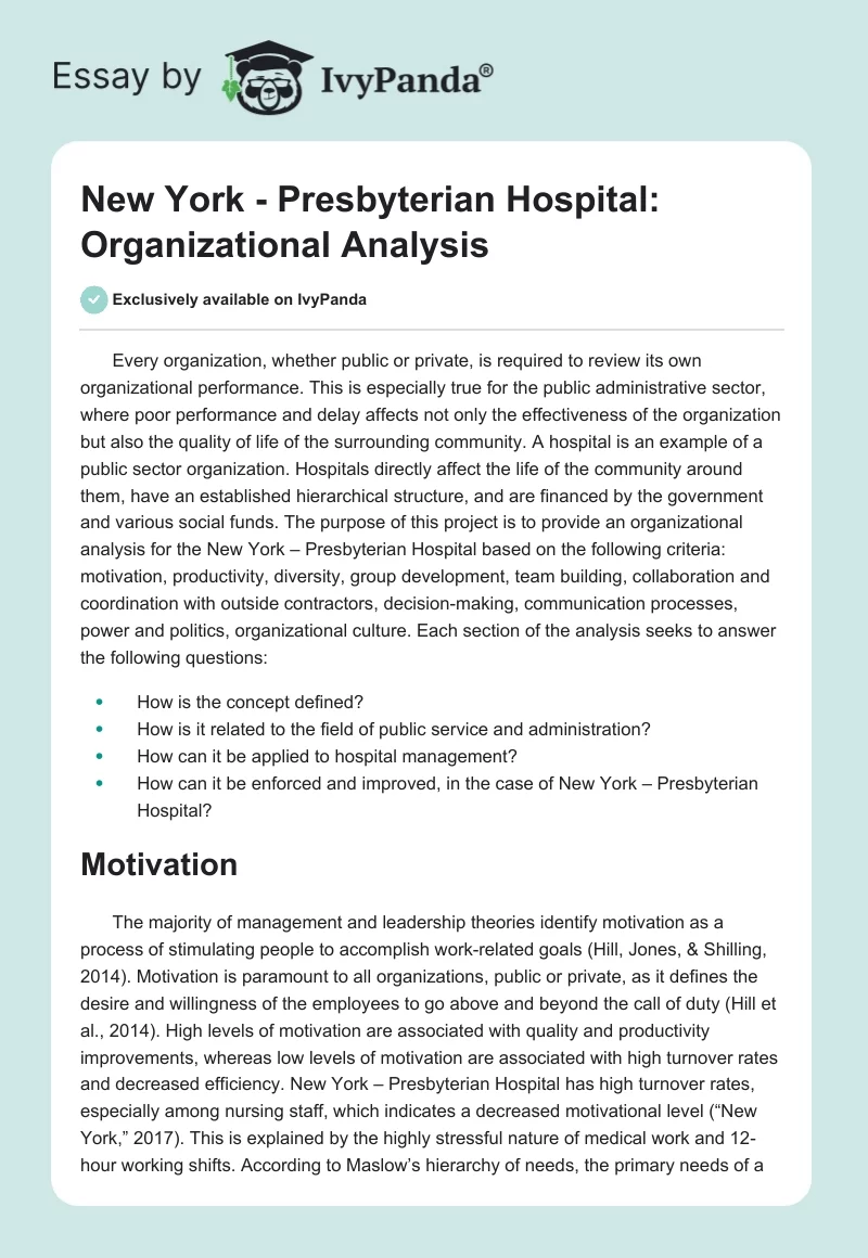 New York - Presbyterian Hospital: Organizational Analysis. Page 1