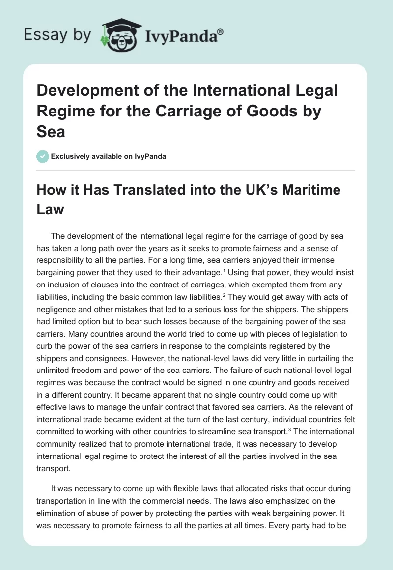Development of the International Legal Regime for the Carriage of Goods by Sea. Page 1