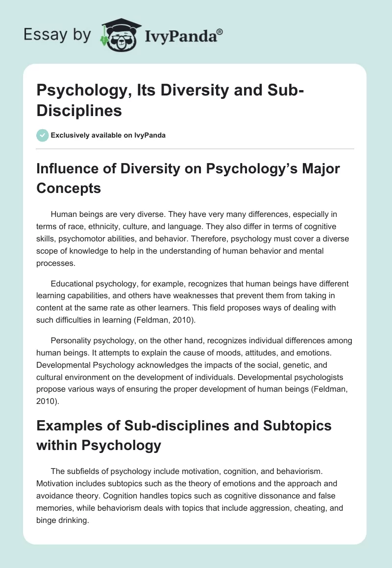 Psychology, Its Diversity and Sub-Disciplines. Page 1