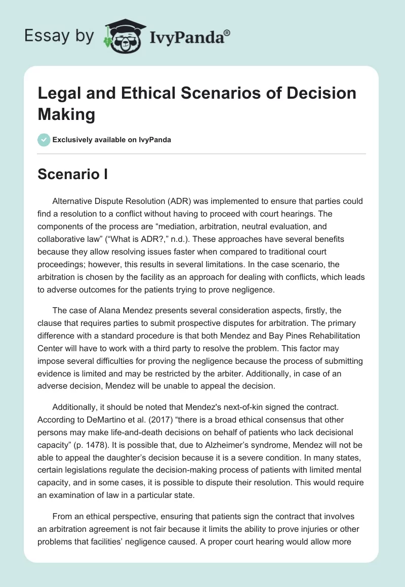 Legal and Ethical Scenarios of Decision Making. Page 1