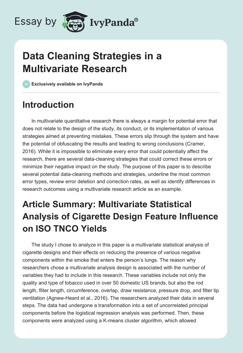 Data Cleaning Strategies in a Multivariate Research. Page 1