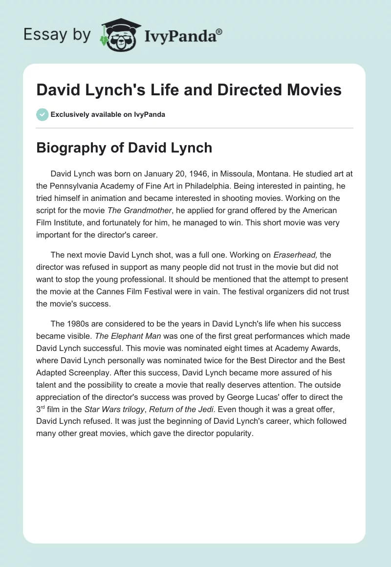 David Lynch's Life and Directed Movies. Page 1