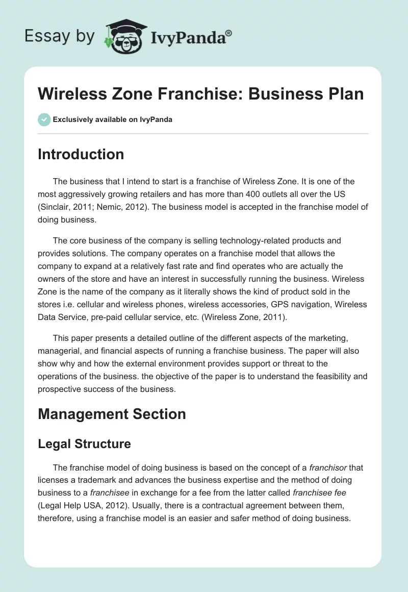 Wireless Zone Franchise: Business Plan. Page 1