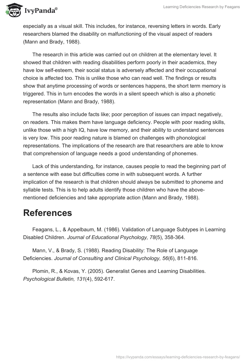 Learning Deficiencies Research by Feagans. Page 3